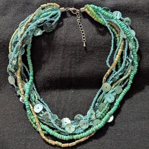 Silver Tone Aqua Blue Beaded Shell Disc Multi-Strand Layered Statement Necklace